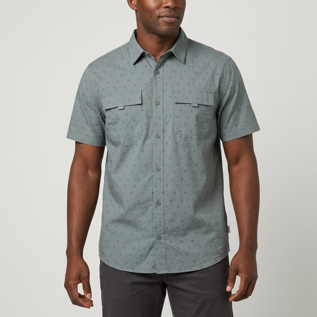 Slate-grey short-sleeve shirt on a model