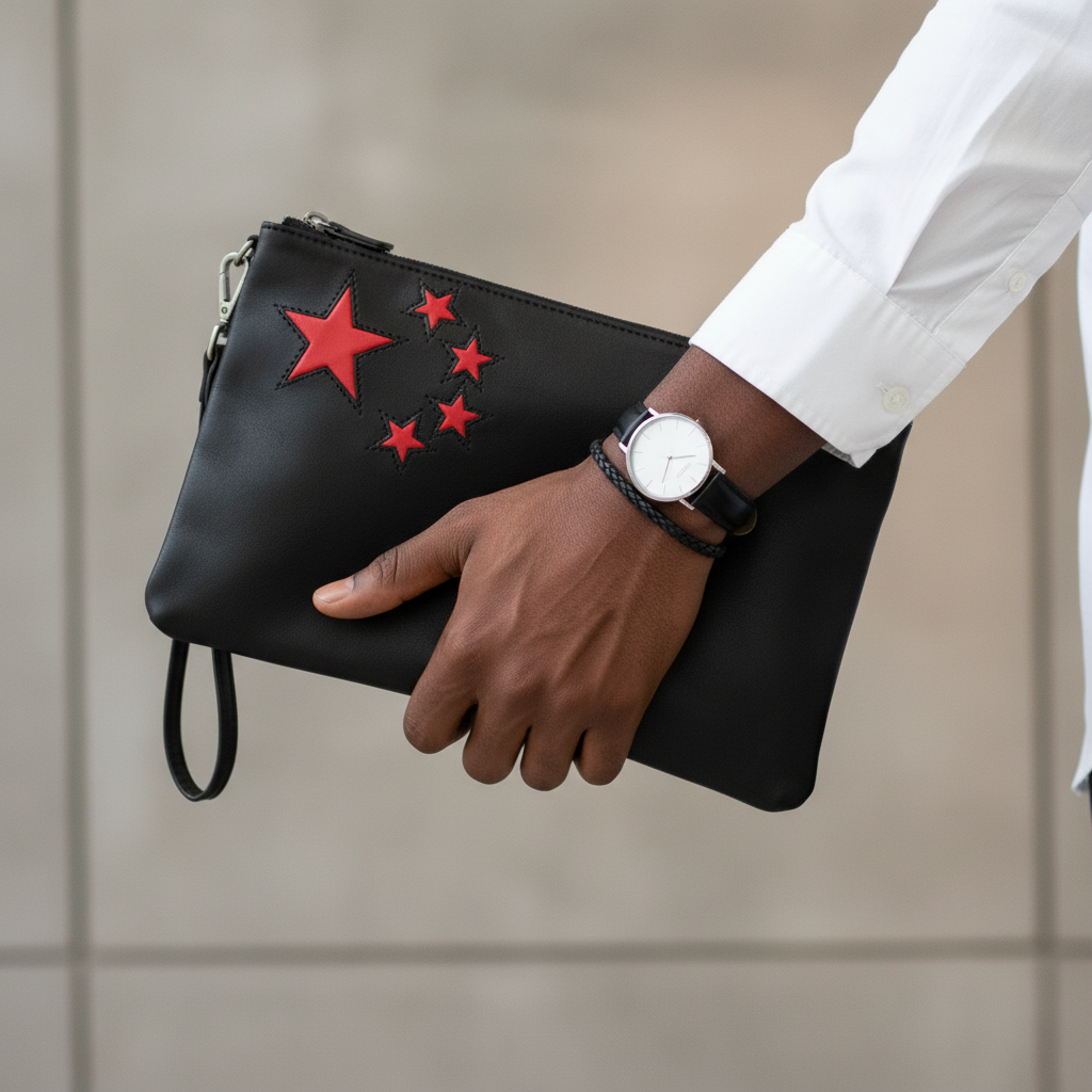 Sobar Black Red Star Men's Clutch – Model Hand Shot