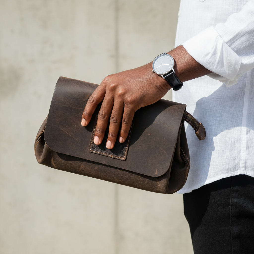 Sobar Brown Leather Animal Motif Clutch – Model Hand Shot