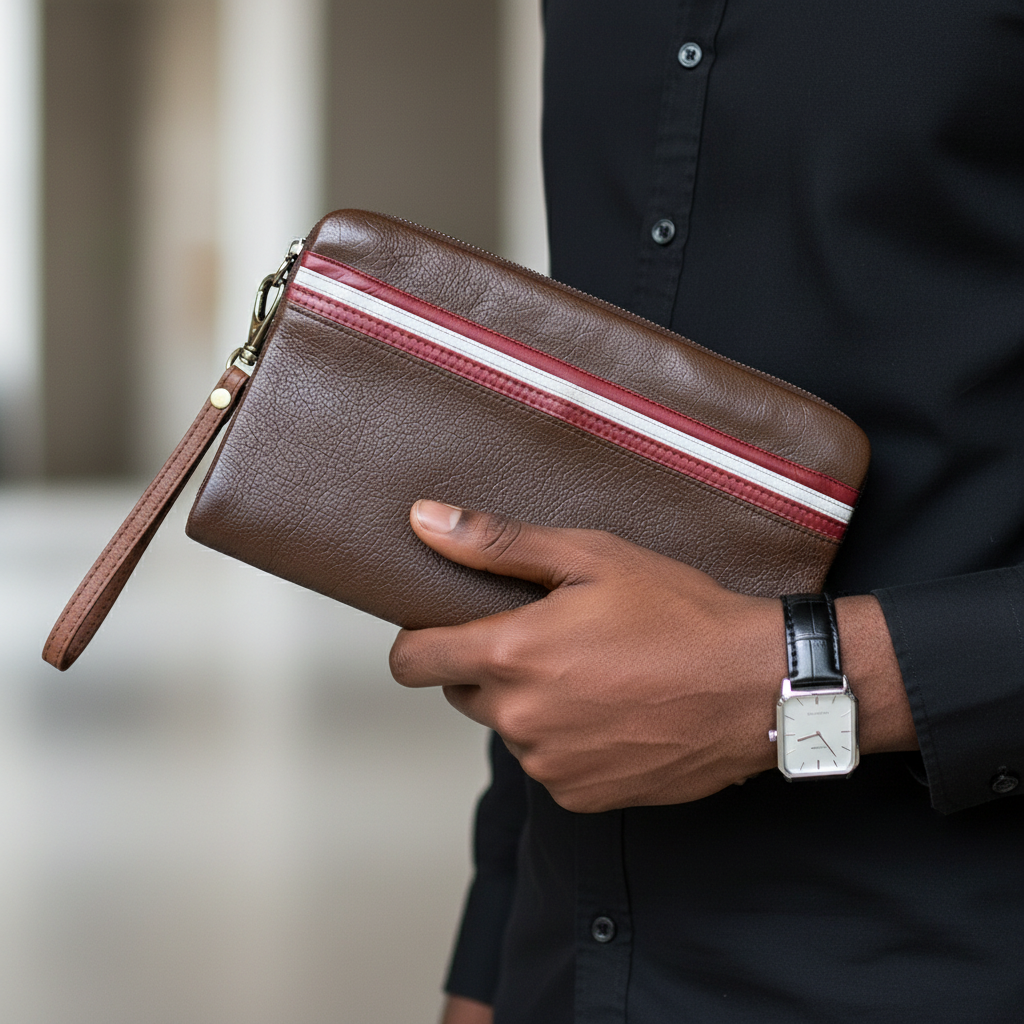 Sobar Brown Red Stripe Clutch – Model Hand Shot