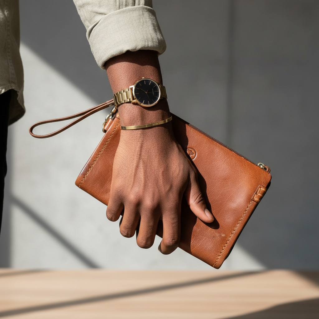 Sobar Cognac Brown Hound Logo Clutch – Model Hand Shot