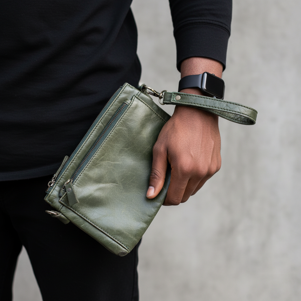 Sobar Olive Green Double Zip Clutch – Model Hand Shot