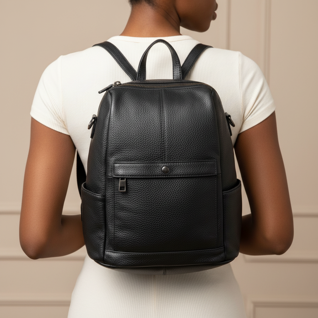 Sobar Plain Black Leather Ladies Backpack – Model Focus