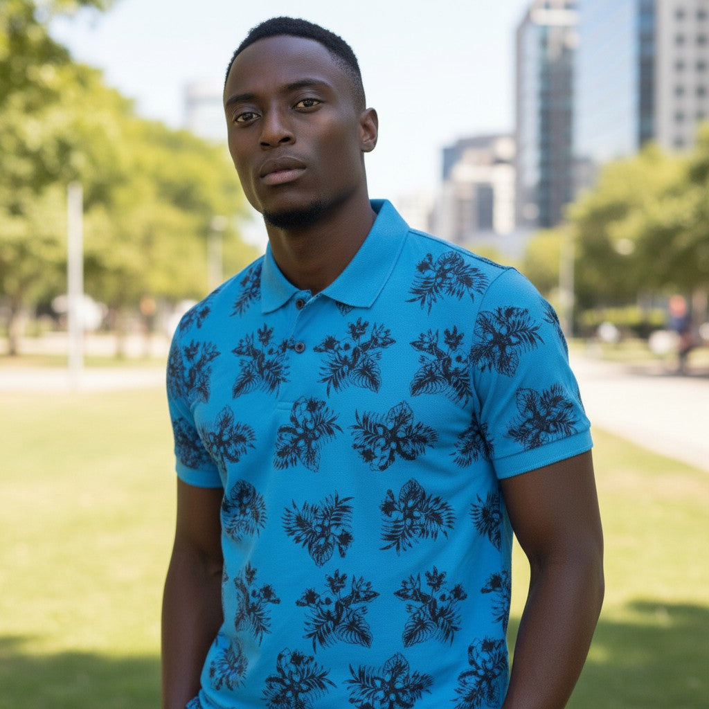 STEEZU Electric Azure blue polo shirt with black floral print, short sleeves, and collared neckline. Breathable fabric.