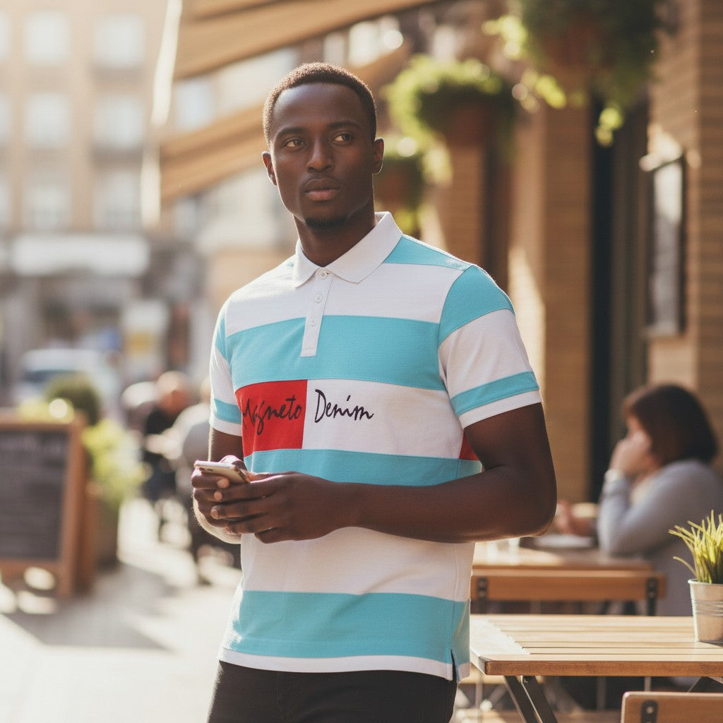 STEEZU men's short-sleeve polo shirt with horizontal white, turquoise, and red stripes. Features a red block with "Magneto Denim" text.