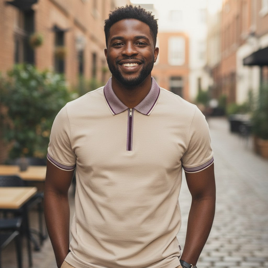 STEEZU Benjamin Black men's tan polo shirt with plum quarter-zip, textured collar and cuffs.