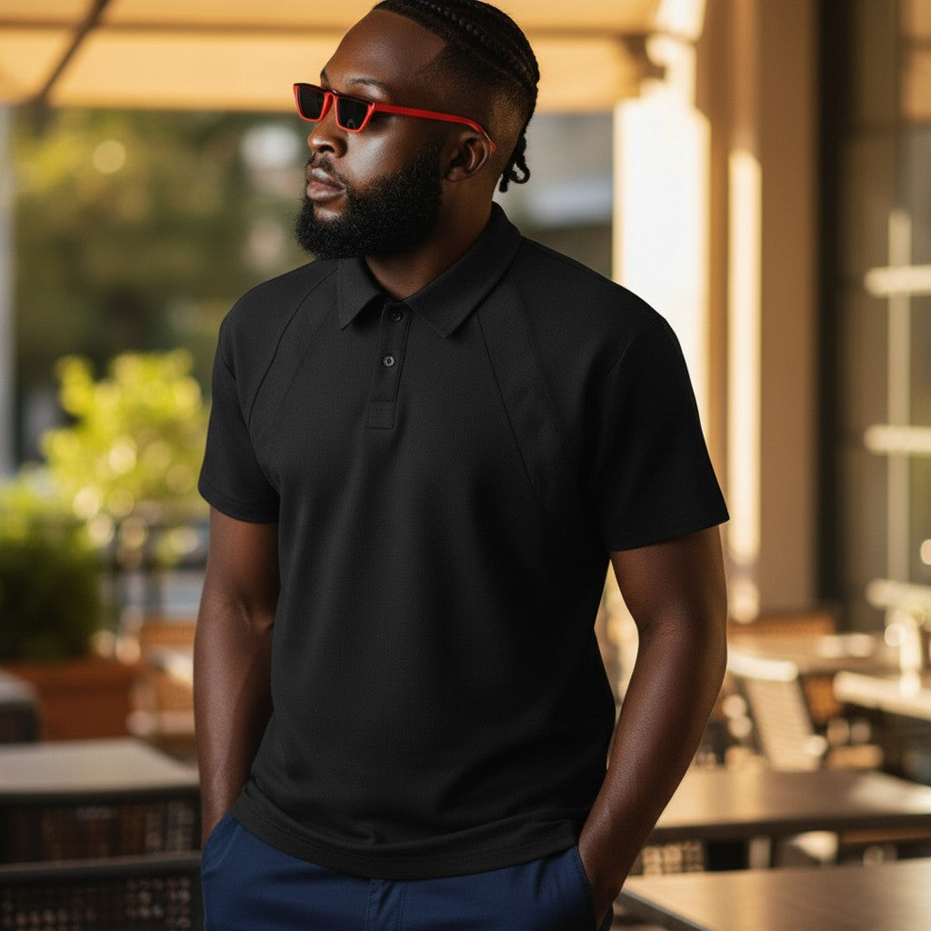 STEEZU black heavyweight pique short-sleeve polo shirt with button placket and raglan seams.