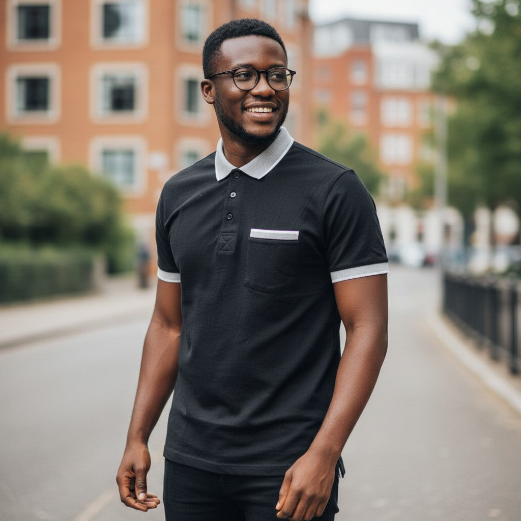 STEEZU black short-sleeve polo shirt with silver-grey tipping on collar and sleeves, and a faux pocket detail.
