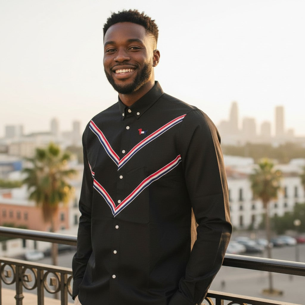 STEEZU black Oxford long-sleeve shirt with red, white, navy chevron stripe and embroidered dog motif.