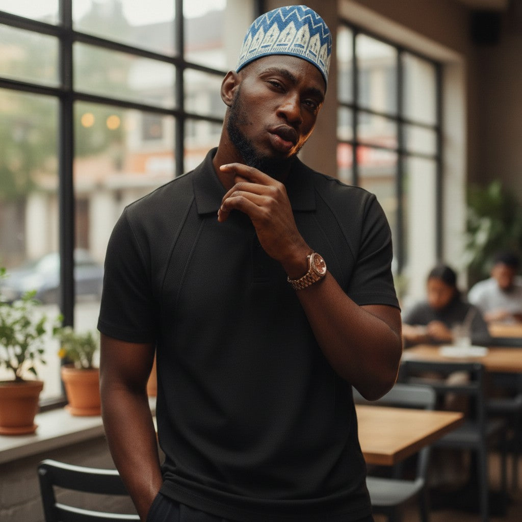 STEEZU Super Premium black structured polo shirt with open collar, diagonal seam detailing, and short sleeves. Oversized unisex fit.