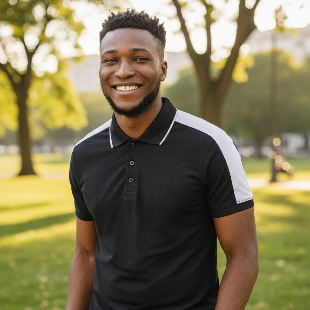 STEEZU black short-sleeve polo shirt with white shoulder paneling and a contrast collar. Athletic, racing-inspired design.