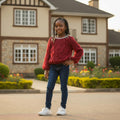STEEZU girls' burgundy long-sleeve top with ruffle petals and pearl bead neckline. Relaxed fit, back zip. Ages 4-6.