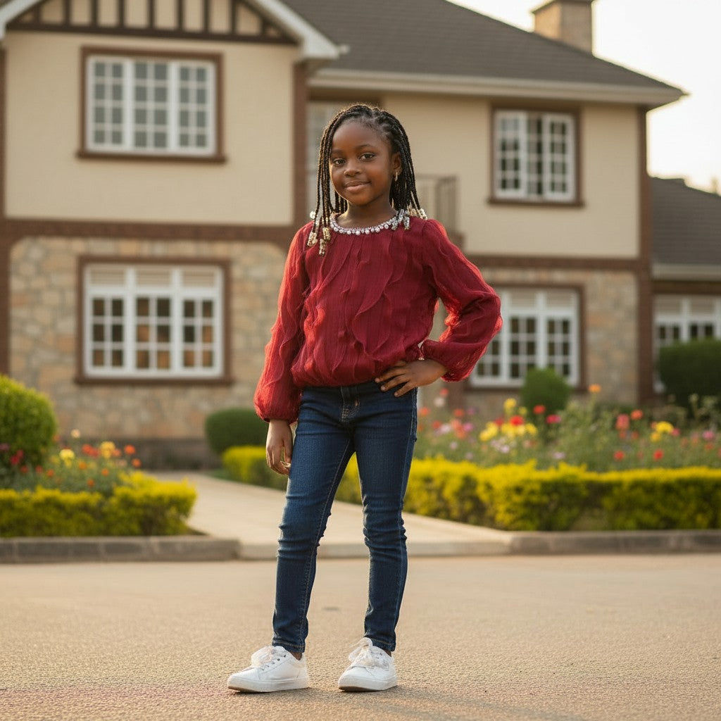 STEEZU girls' burgundy long-sleeve top with ruffle petals and pearl bead neckline. Relaxed fit, back zip. Ages 4-6.