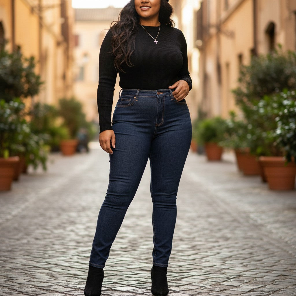 STEEZU dark indigo wash ultra-high waist skinny jeans with stretch denim for a contoured look.