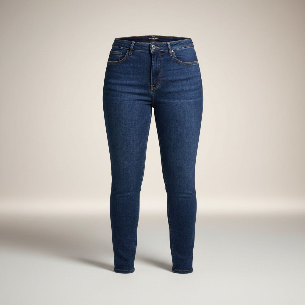 STEEZU deep indigo stretch denim high-rise skinny jeans with a contouring fit and comfortable waist.