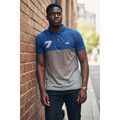 STEEZU men's dual-panel polo shirt in blue and grey with a large white '7' graphic and geometric print.