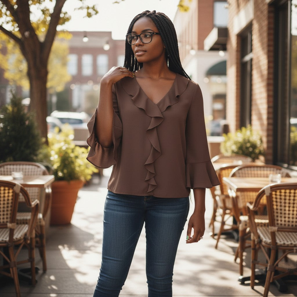 STEEZU Espresso Ruffle-Front Top in deep chocolate brown, featuring cascading ruffles and fluted sleeves.