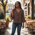 STEEZU Espresso Ruffle-Front Top in deep chocolate brown, featuring cascading ruffles and fluted sleeves.