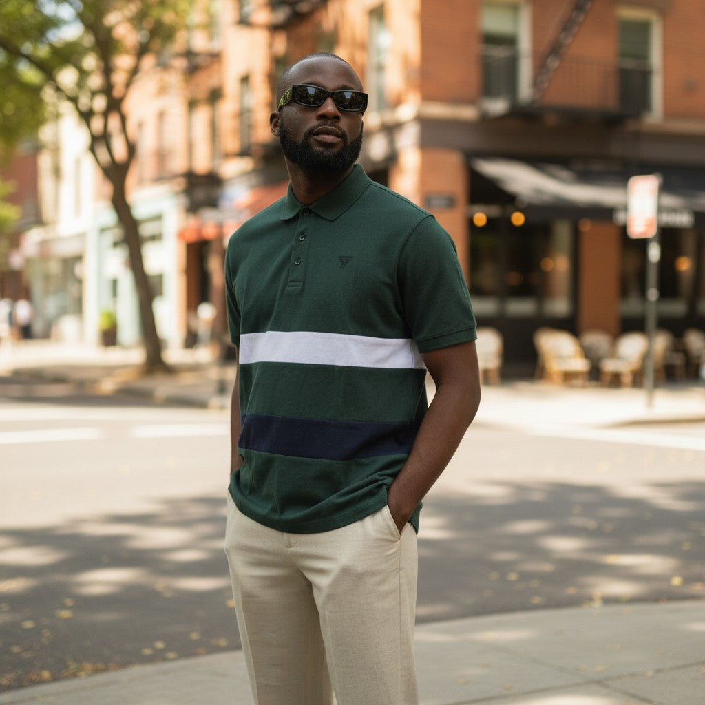 STEEZU forest green, white, and navy multi-block short-sleeve polo shirt with a logo on the chest.