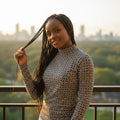 STEEZU Geo-Mosaic Mock Neck Top in forest green and burgundy with a geometric tile pattern. Long sleeves, mock neck.