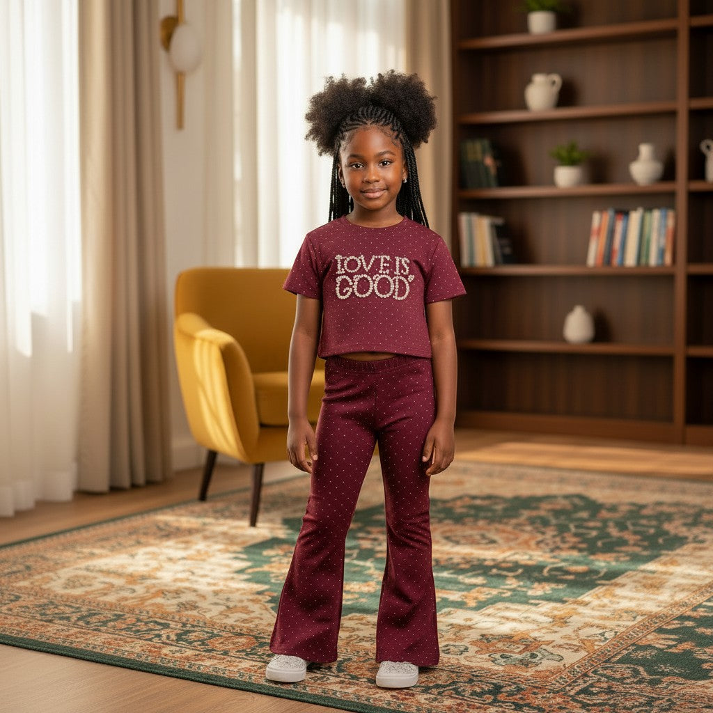 STEEZU girls' burgundy co-ord set with pearl "LOVE IS GOOD" graphic tee and flare pants with gold micro-dot pattern.