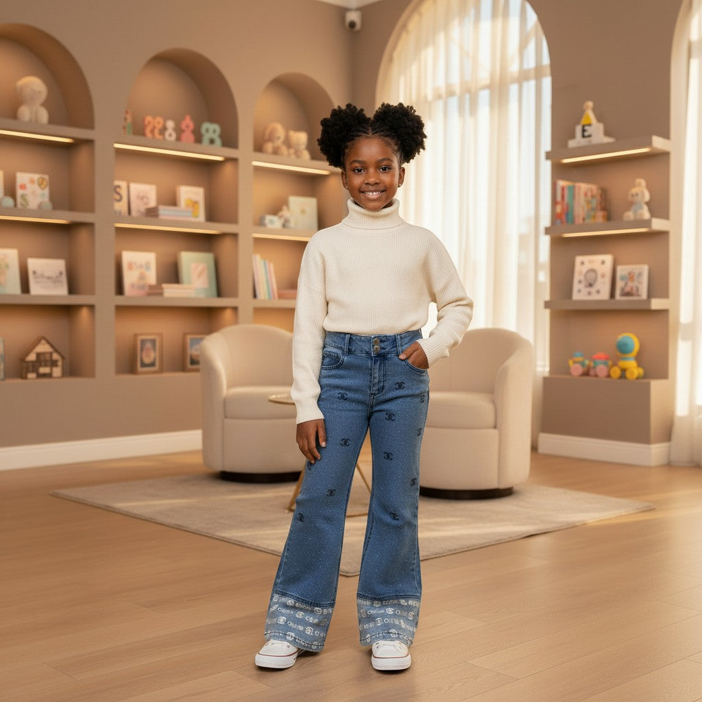 STEEZU Girls Monogram Rhinestone Flare Jeans in medium blue denim with all-over dark navy double-C print and micro-rhinestones.