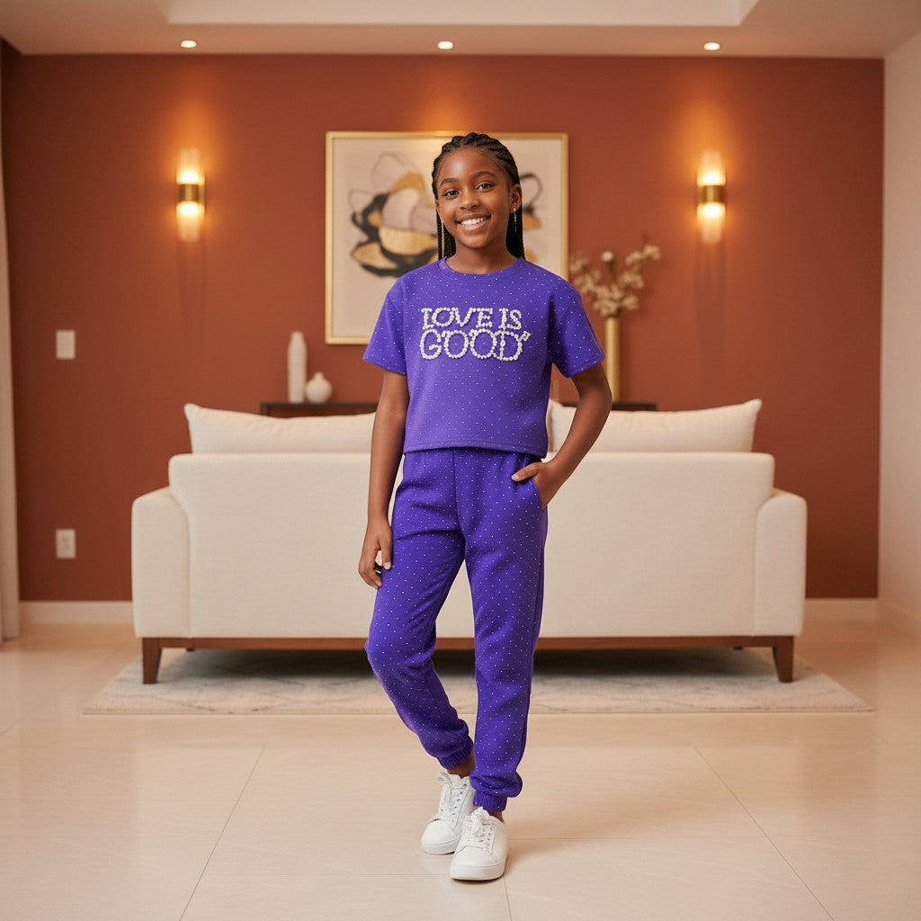 STEEZU girls' royal purple polka-dot co-ord set with pearl "Love Is Good" graphic crop tee and joggers.