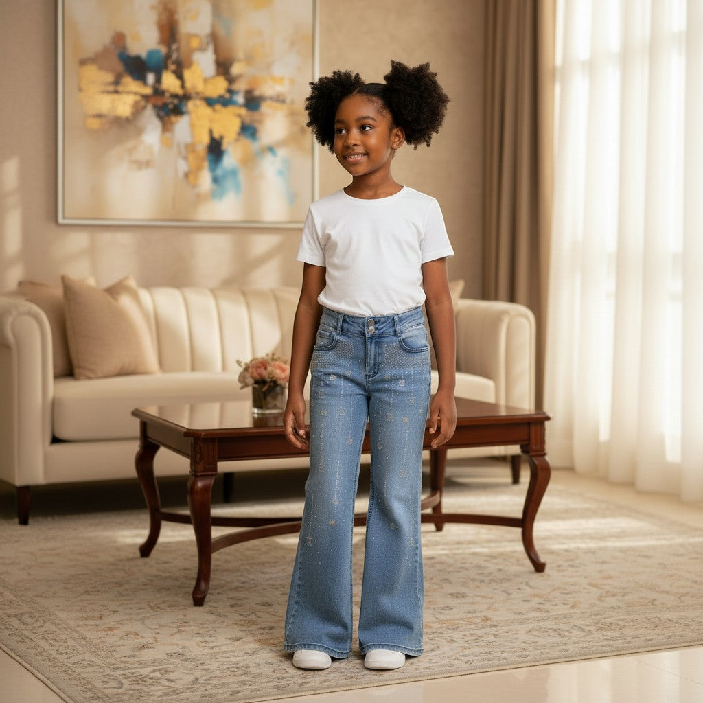 STEEZU Girls light blue denim flare jeans with crystal rhinestone embellishments and double-button waist.