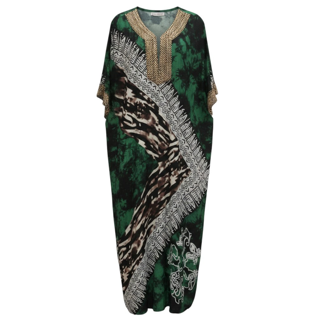 STEEZU green and black tie-dye kaftan dress with abstract prints and gold beadwork on V-neckline.