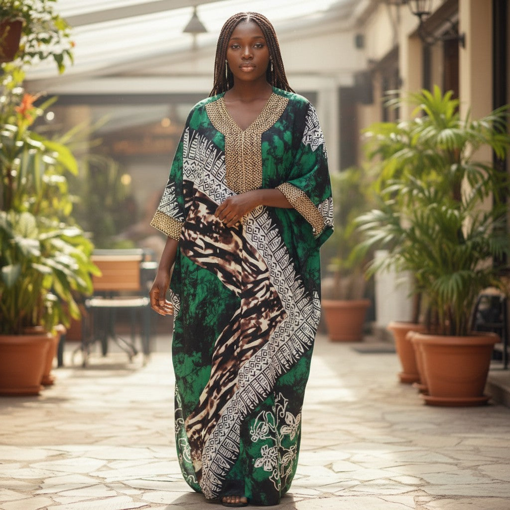 STEEZU green and black tie-dye kaftan dress with abstract prints and gold beadwork on V-neckline.