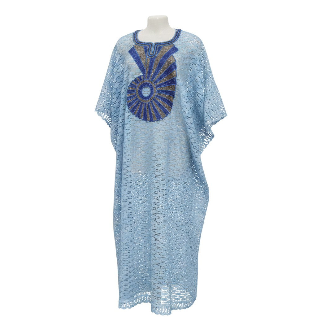 STEEZU light blue lace kaftan dress with sunburst rhinestone embellishment on chest and wide sleeves.