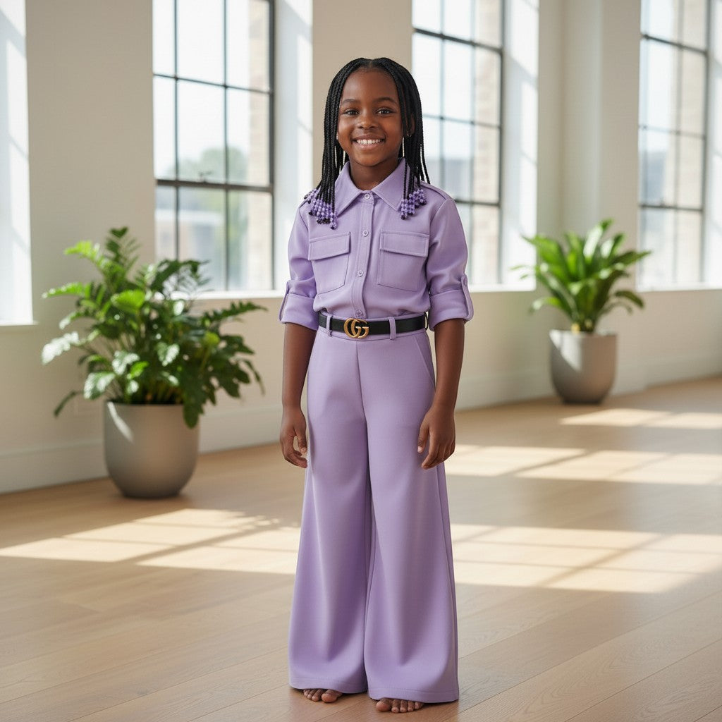 STEEZU Lilac Luxe Co-ord Set: girls utility shirt with dual chest pockets and wide-leg trousers, cinched with a black belt.