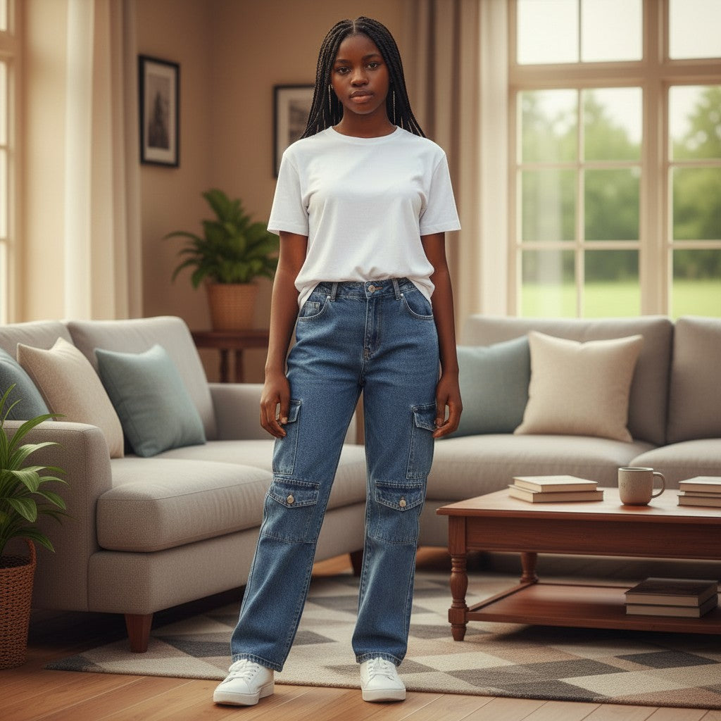 STEEZU medium blue wash denim cargo pants with snap button pockets on a teen girl.