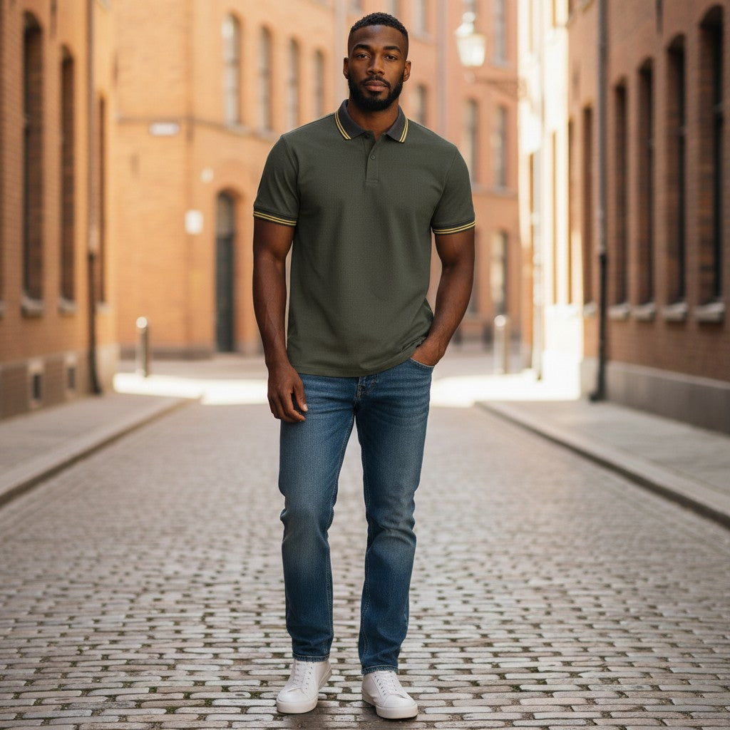STEEZU military green polo shirt with yellow piping on collar and sleeves. Embroidered chest detail.