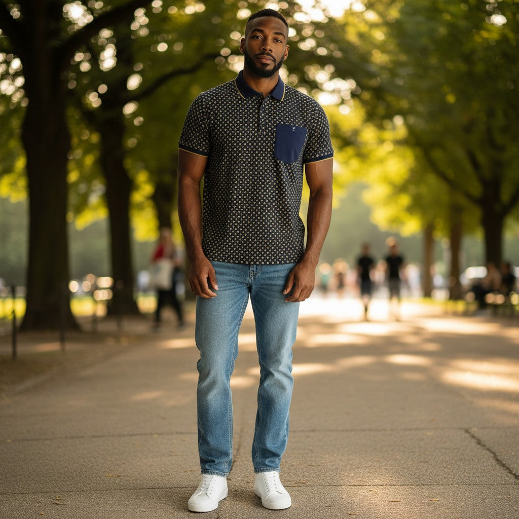 STEEZU navy blue polo shirt with gold geometric pattern, navy chest pocket, and gold piping on collar and cuffs. Athletic fit.