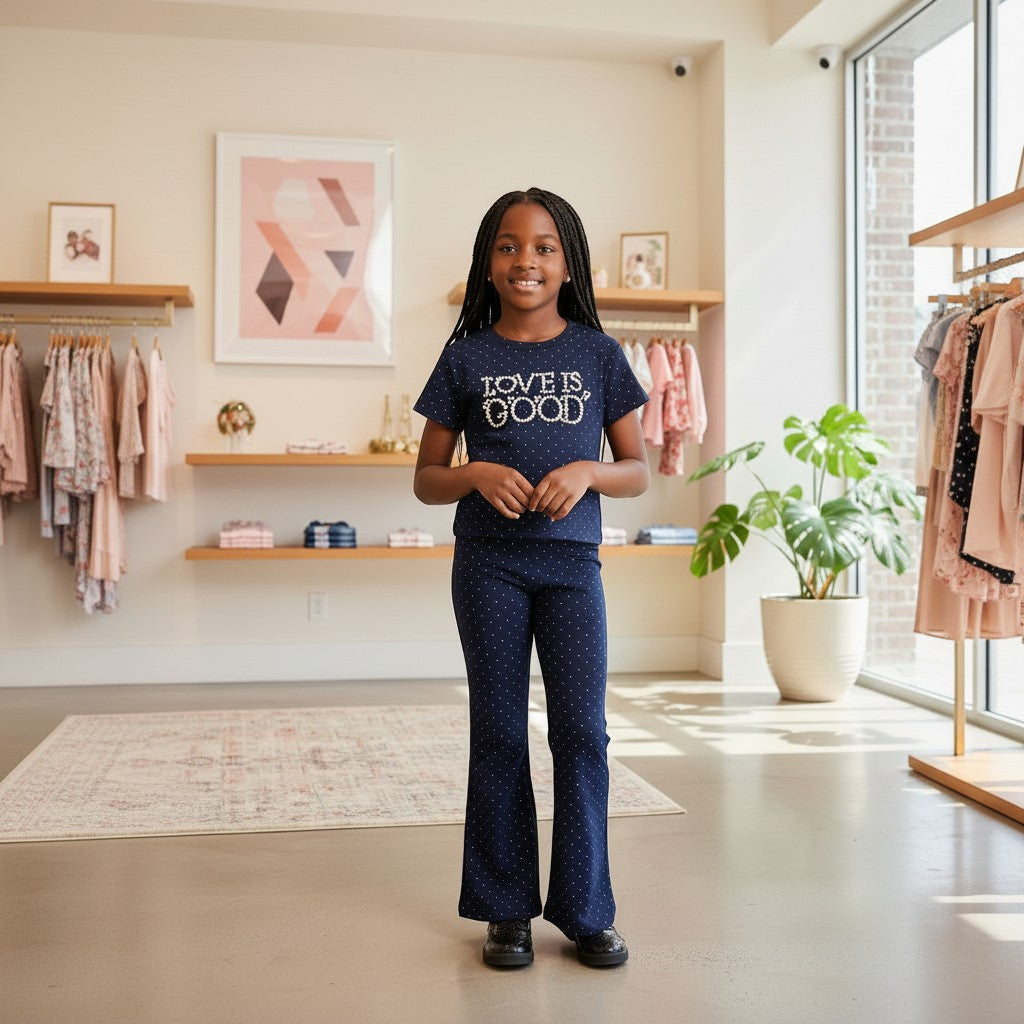 STEEZU navy blue polka dot co-ord set with pearl "Love Is Good" graphic tee and flare pants for girls.