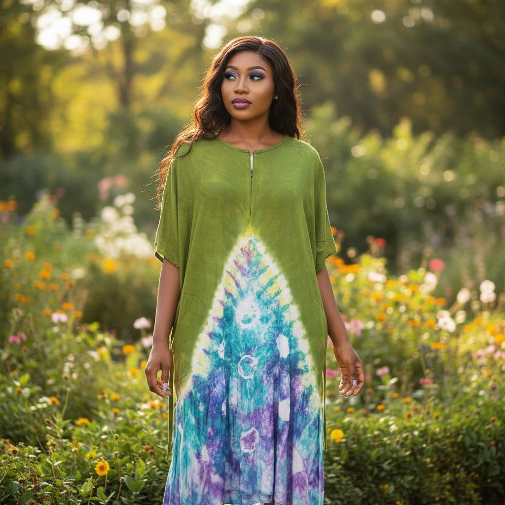 STEEZU olive green tie-dye bubu gown with tiered skirt in teal, blue, purple, and white. Short sleeves, back zip.
