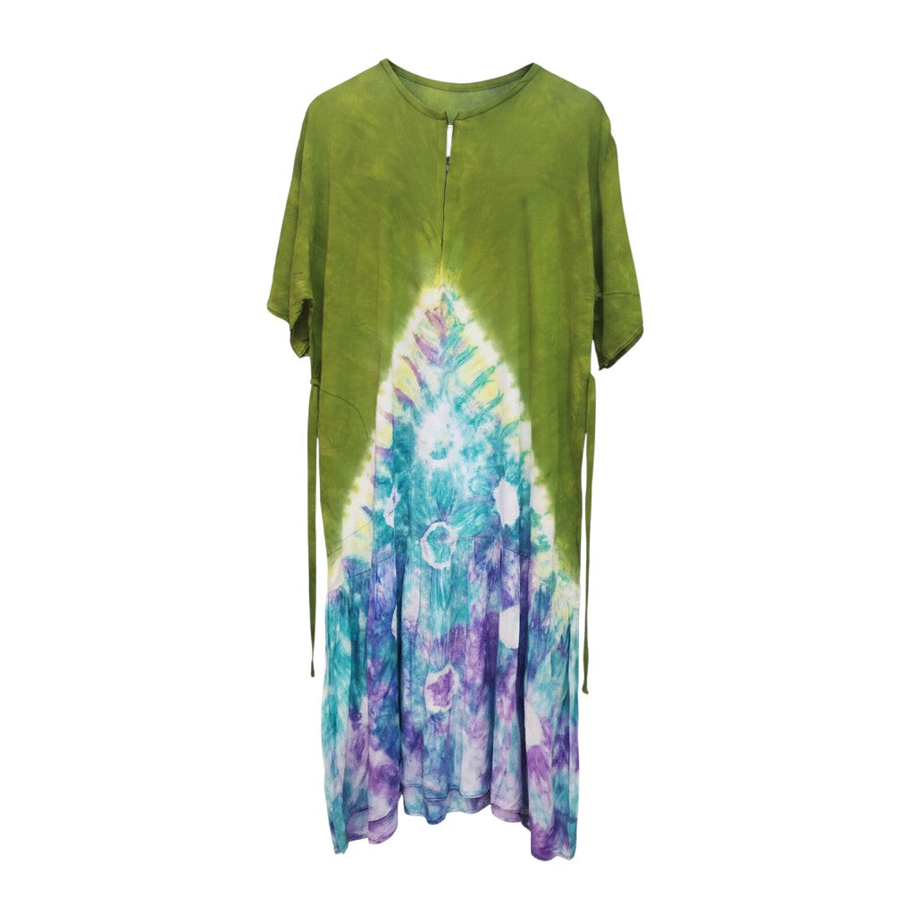 STEEZU olive green tie-dye maxi dress with tiered skirt in teal, blue, purple, and white. Short sleeves and back zip.