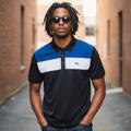 STEEZU Onyx Race Stripe Polo: black, white, and blue short-sleeve polo shirt with a geometric stripe design and a two-button placket.