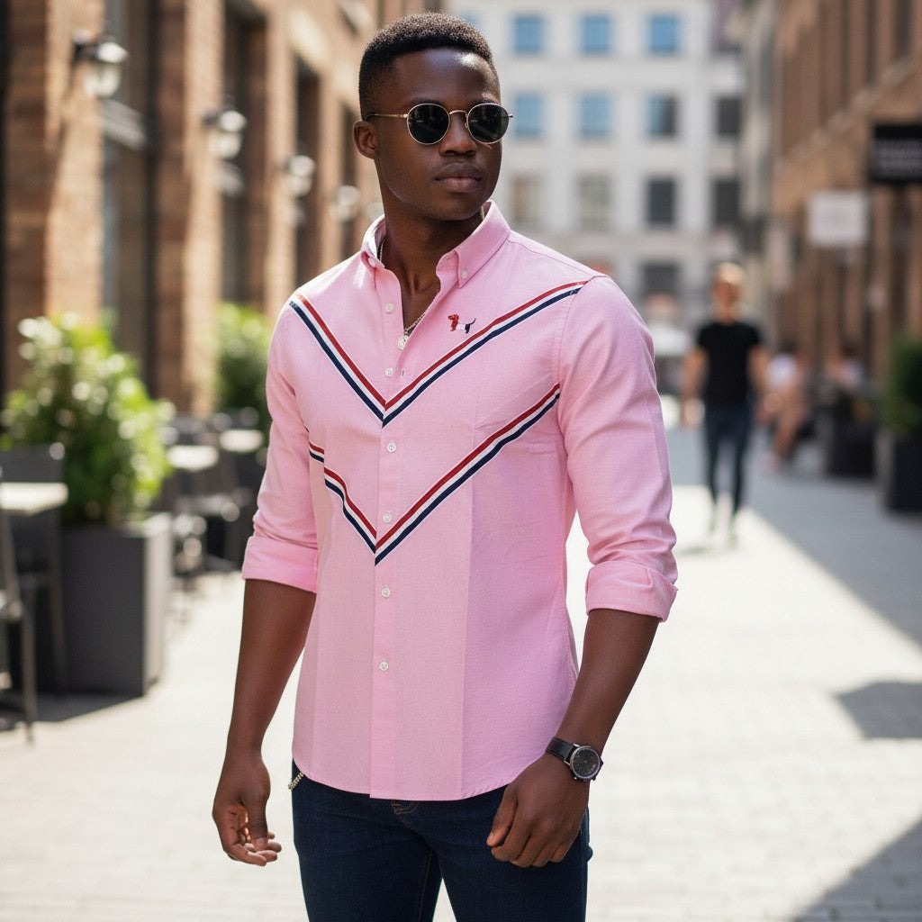 STEEZU pink Oxford long-sleeve shirt with red, white, and navy chevron stripe and embroidered dog motif.