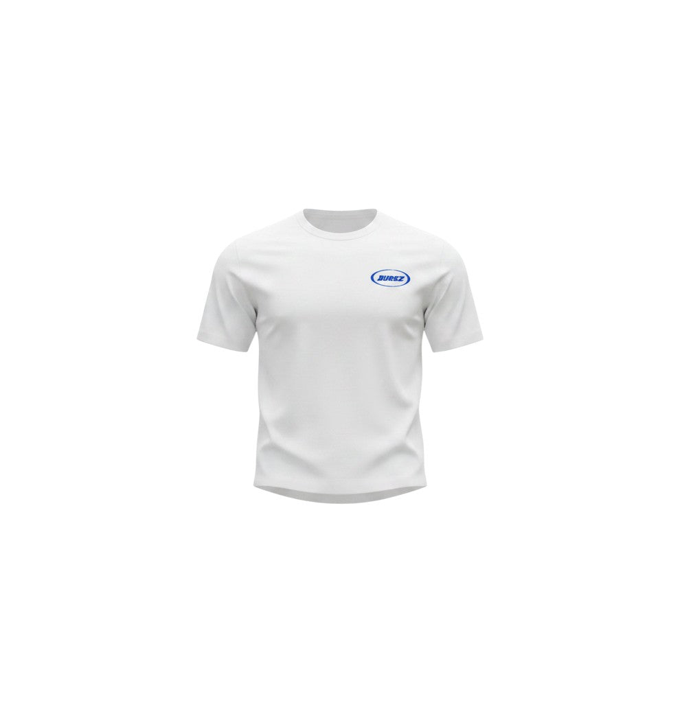 STEEZU RAYZ Phenomenon oversized white graphic t-shirt with a blue oval logo on the chest
