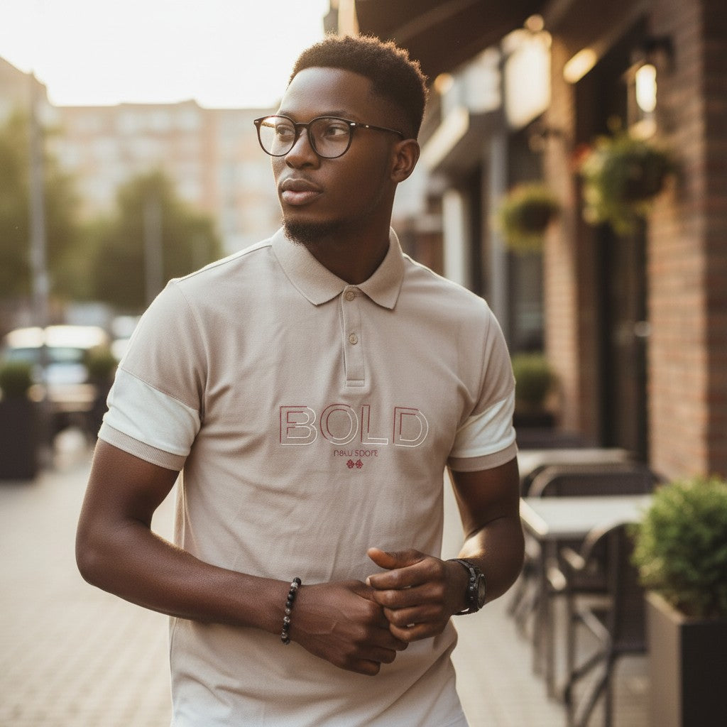 STEEZU Stone Taupe Color-Block Polo shirt with cream-white shoulder panels and 'BOLD' graphic. Cotton.