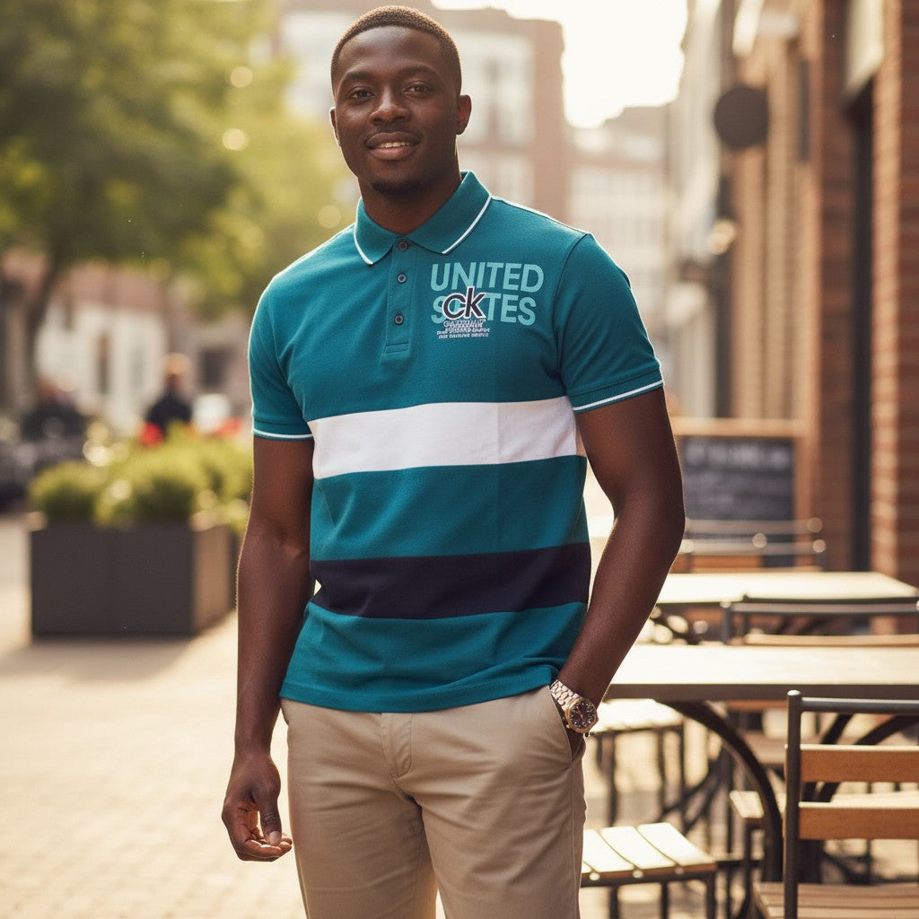 STEEZU teal, white, and navy block polo shirt with