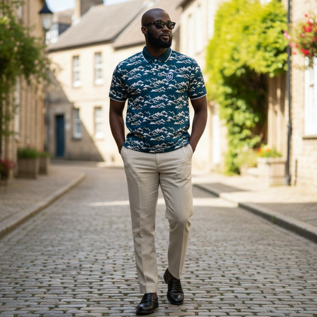 STEEZU teal polo shirt with white mountain peak pattern and white trim on collar and sleeves.