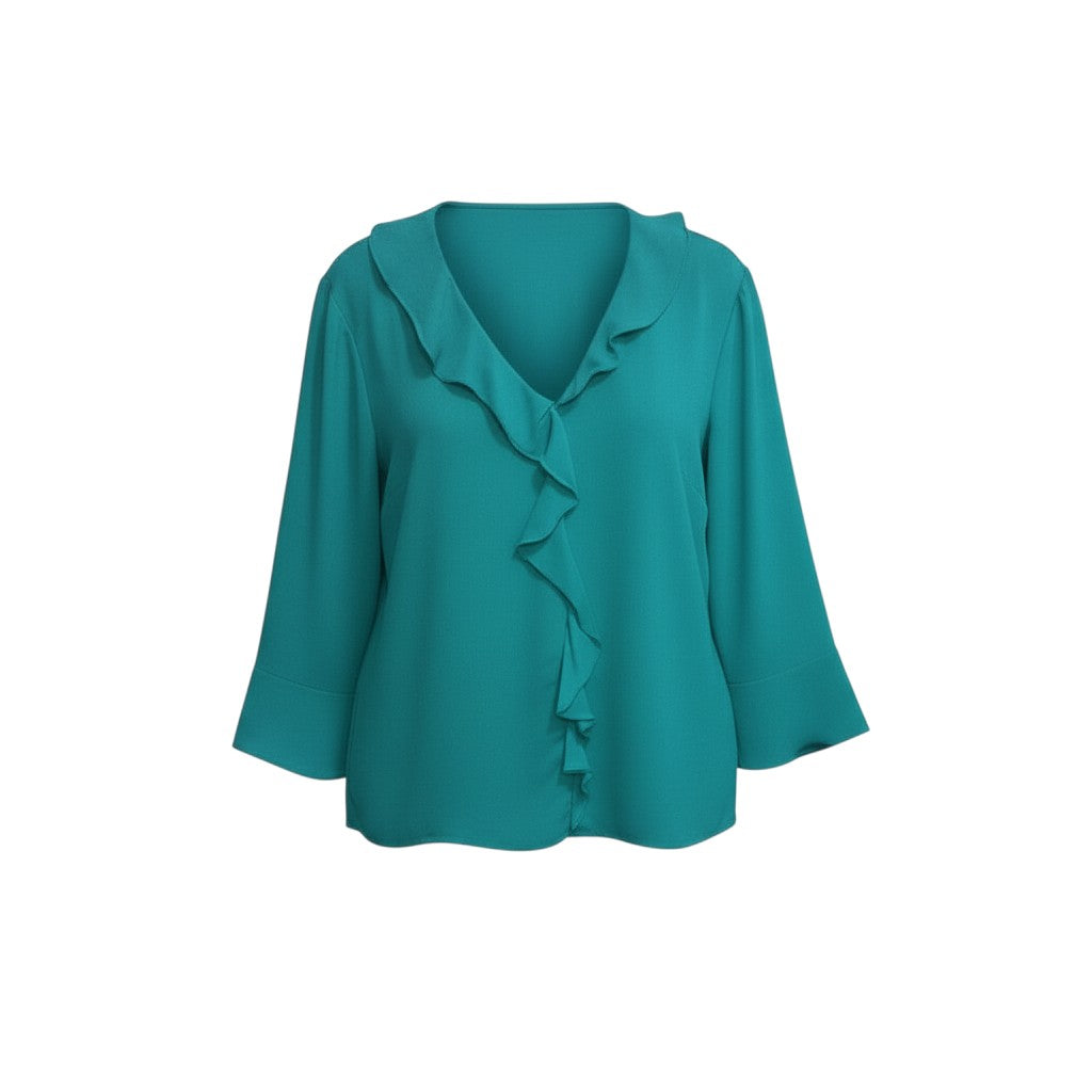 STEEZU teal long sleeve blouse with ruffled front and Peter Pan collar. Lightweight fabric, perfect for casual or dressy occasions.