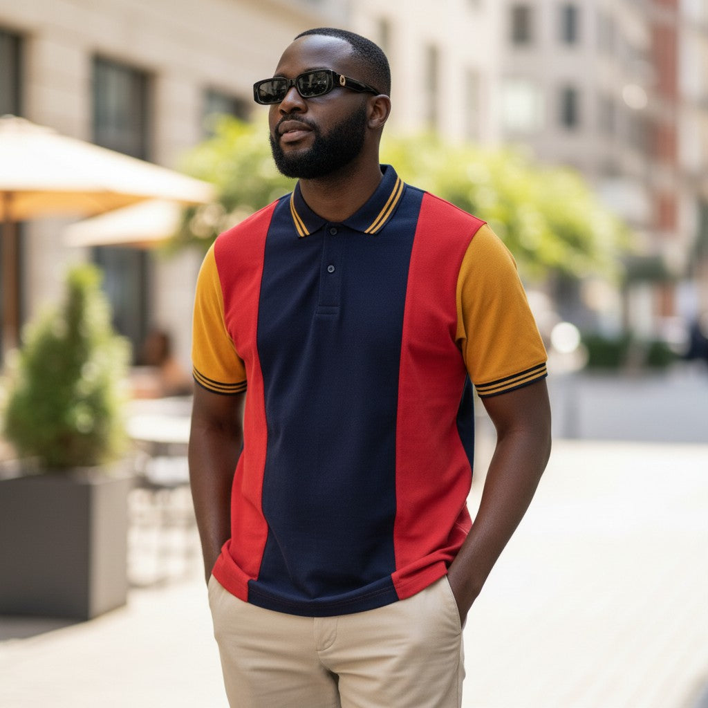 STEEZU men's short sleeve polo shirt with black, red, and golden amber vertical panels and tipped collar.