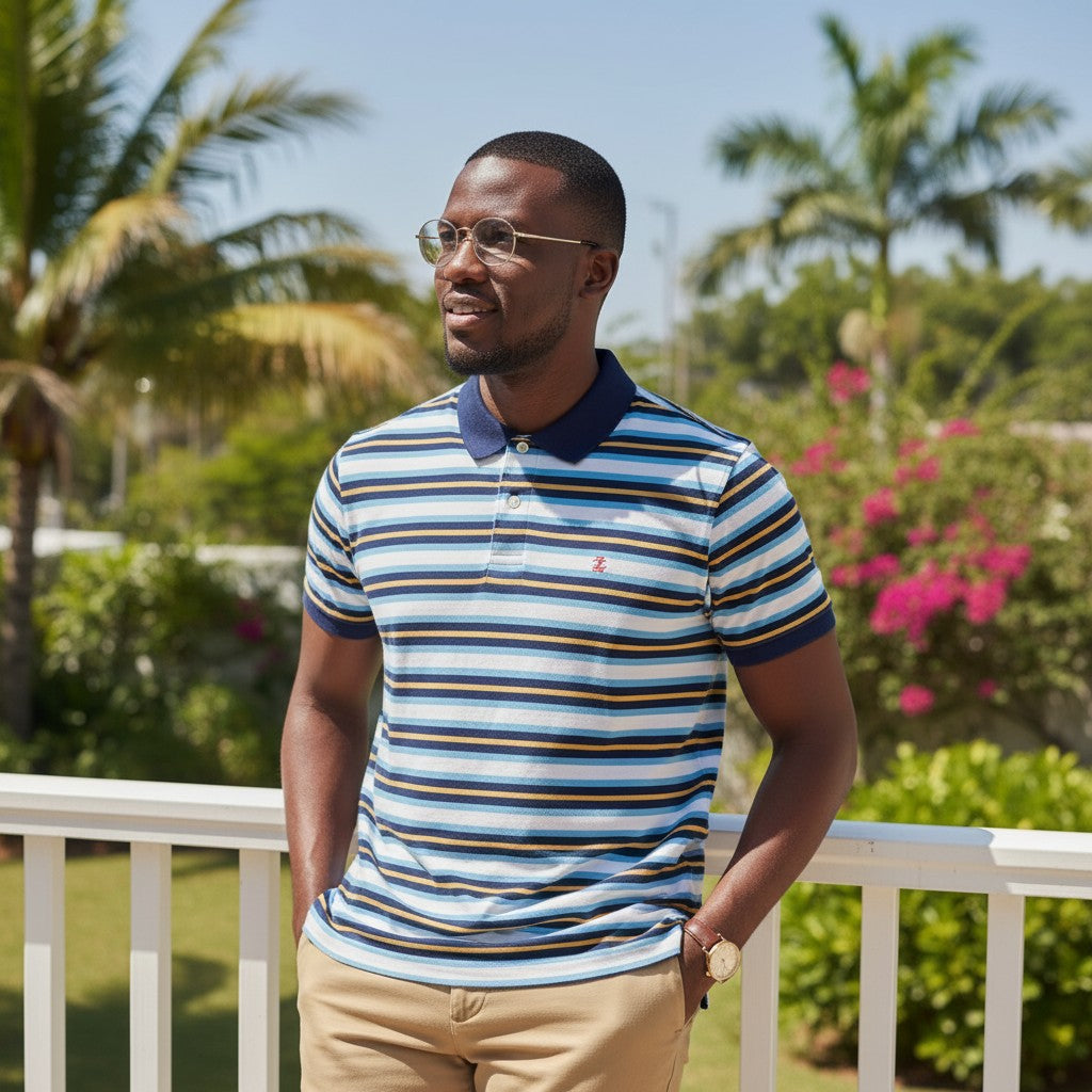 STEEZU men's short-sleeve polo shirt with navy collar, featuring vertical stripes in sky blue, navy, white, and gold. Casual wear.