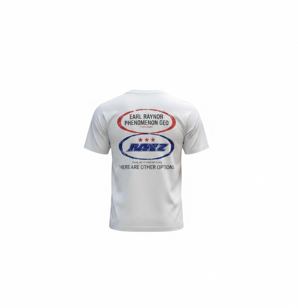 STEEZU white oversized graphic t-shirt featuring a distressed red and blue logo print on the back
