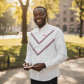 STEEZU white Oxford long-sleeve shirt with red, white, and navy chevron stripe and embroidered dog motif.