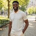 STEEZU soft yellow short-sleeve polo shirt with a delicate blue floral pattern and a beige collar. Perfect for daytime events.
